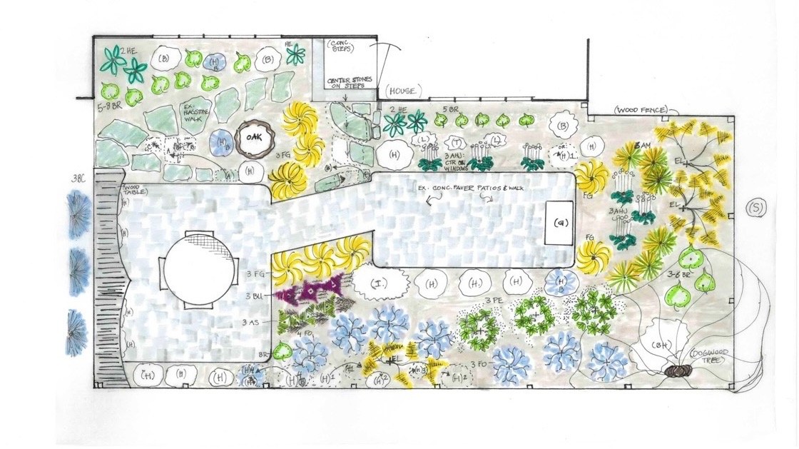 Drawn-to-scale landscape design for a semi-shaded back patio area (Photo 1)
