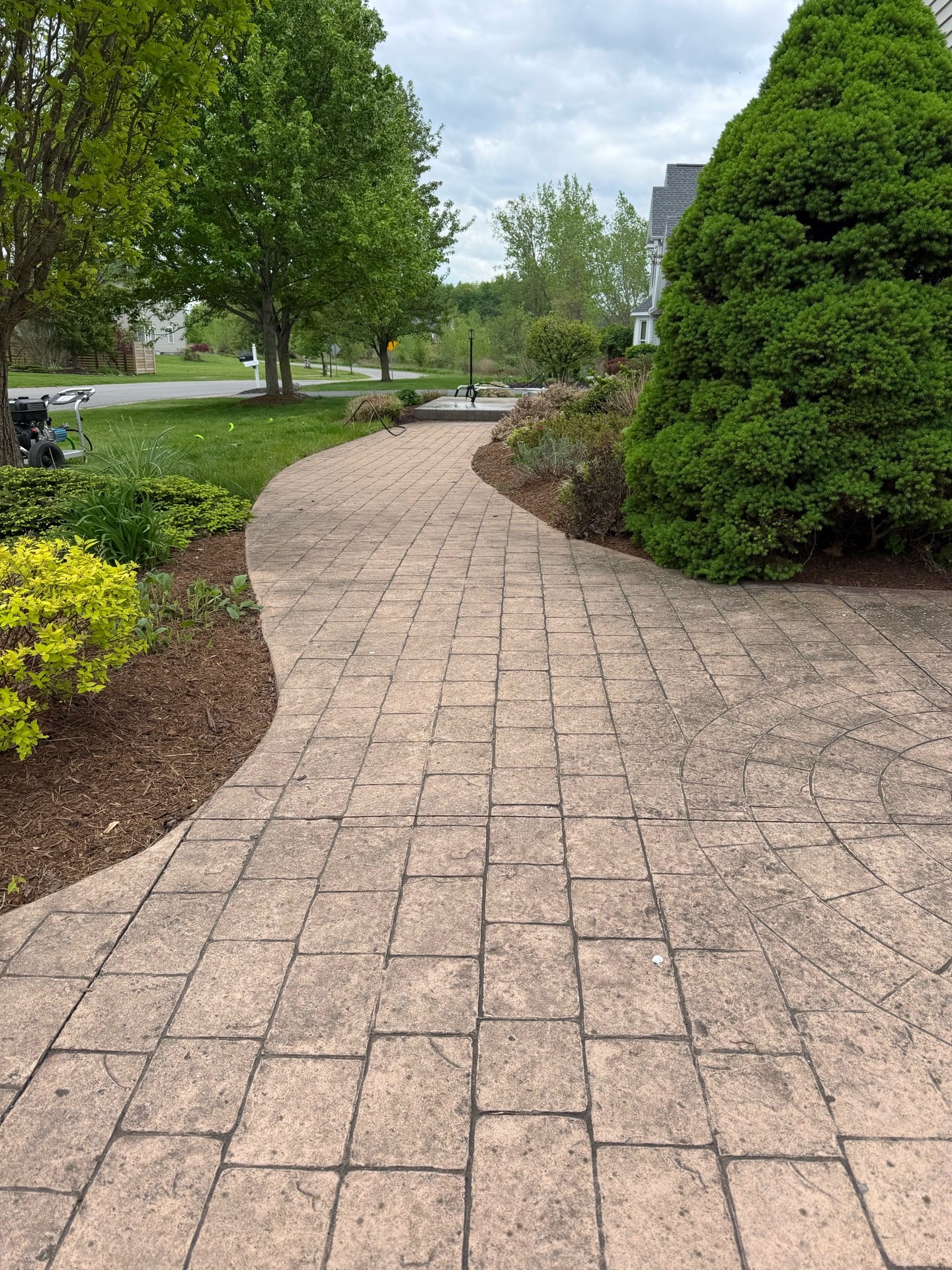 The stamped concrete walkway before restoration
